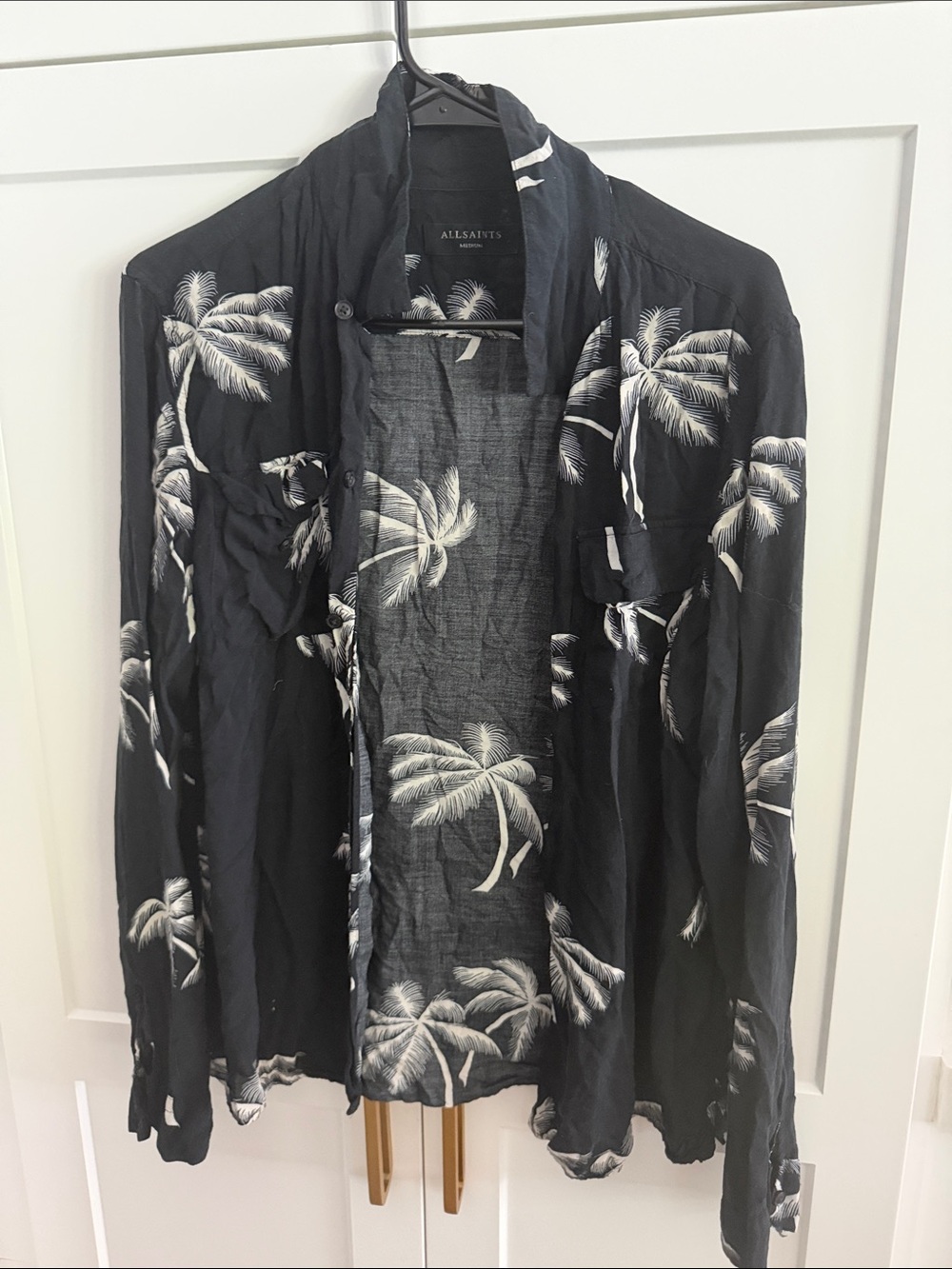 AllSaints Black Palm Print Button-Up Shirt Medium